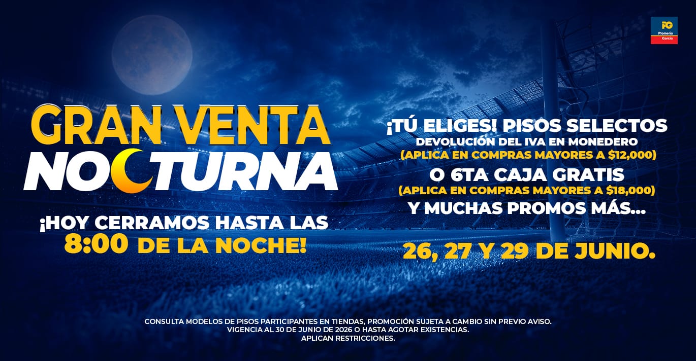 Banner azul promocional de gran venta nocturna en estadio, anunciando descuentos y fechas 26, 27 y 29 de junio con horario hasta las 8:00 p. M.